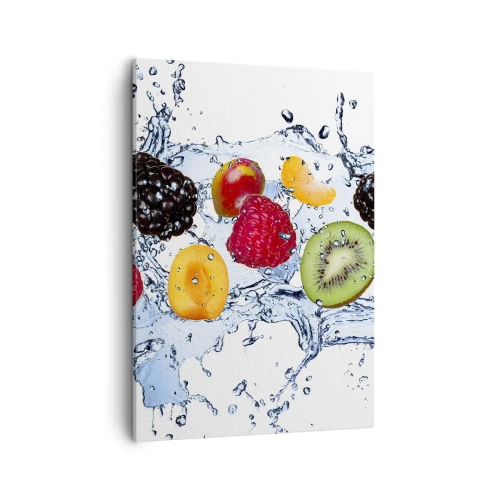 Impression sur toile - Image sur toile - Fruits colorés immergés dans des éclaboussures d'eau sur un fond blanc - 50x70cm - Amusez-vous avec nous - Décoration murale moderne pour le salon et la chambre ARTTOR