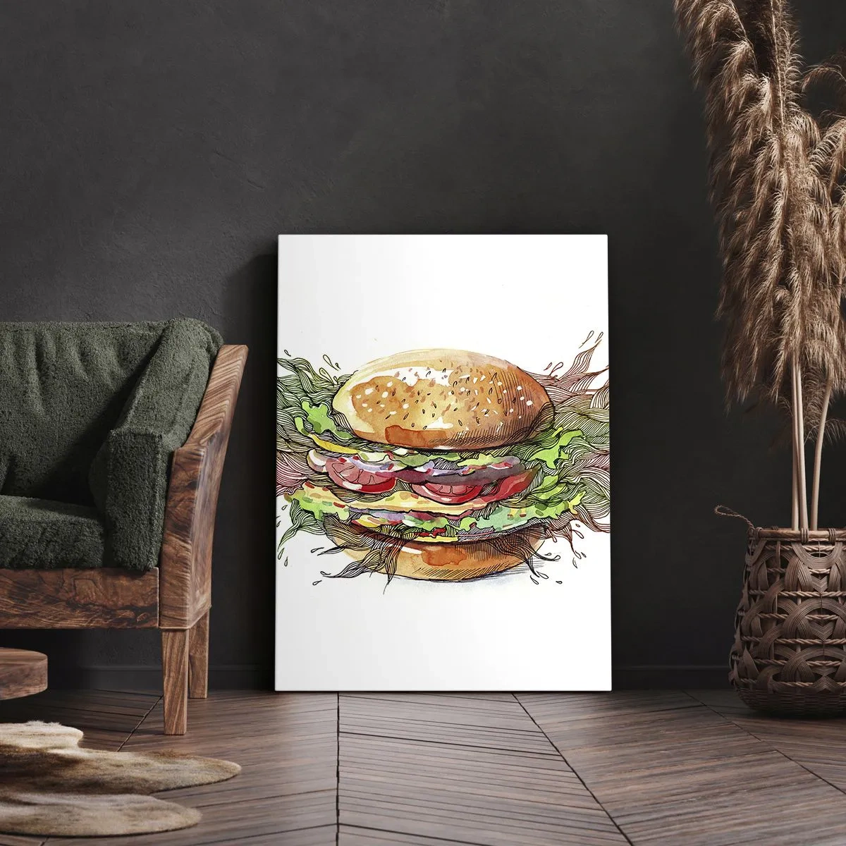 Impression sur toile - Image sur toile - Illustration artistique d'un burger avec des éléments dynamiques - 50x70cm - Tentation chaude - Décoration murale moderne pour le salon et la chambre ARTTOR
