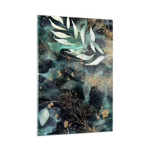 Impression sur verre - Image sur verre - Feuilles dorées et vertes sur fond sombre - 50x70cm - Jardin magique - Décoration murale moderne pour le salon et la chambre ARTTOR