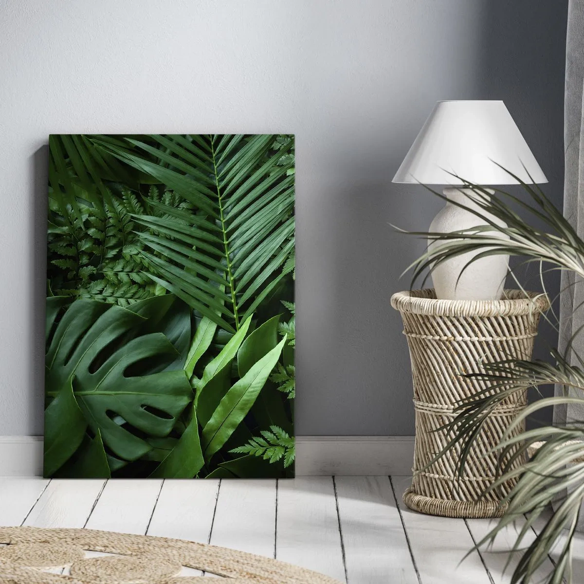 Impression sur toile - Image sur toile - Feuilles tropicales vertes dans une composition dense et naturelle - 50x70cm - Emmitouflé de verdure - Décoration murale moderne pour le salon et la chambre ARTTOR