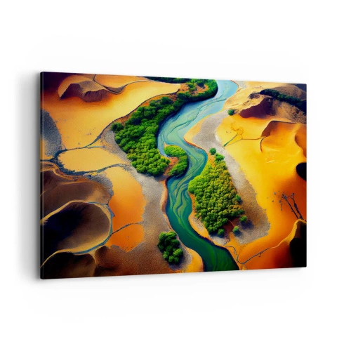 Impression sur toile - Image sur toile - Une rivière verte entourée de sable doré et de végétation - 120x80cm - Rivière vivifiante - Décoration murale moderne pour le salon et la chambre ARTTOR