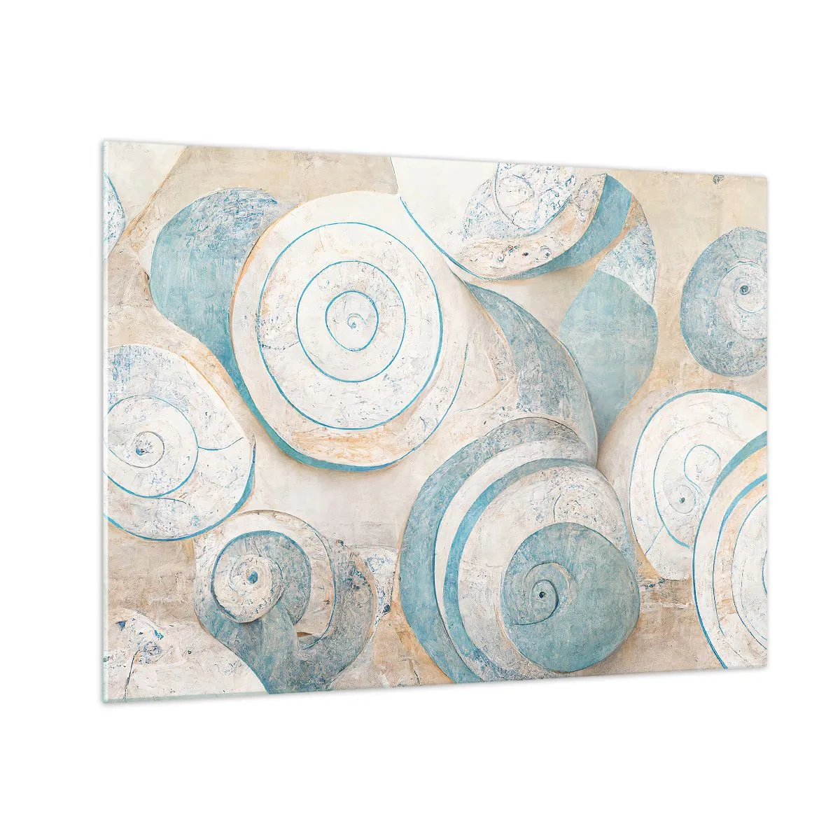 Impression sur verre - Image sur verre - Coquillages dans une palette bleue et beige sur un fond structuré - 70x50cm - Que cache la coque ? - Décoration murale moderne pour le salon et la chambre ARTTOR
