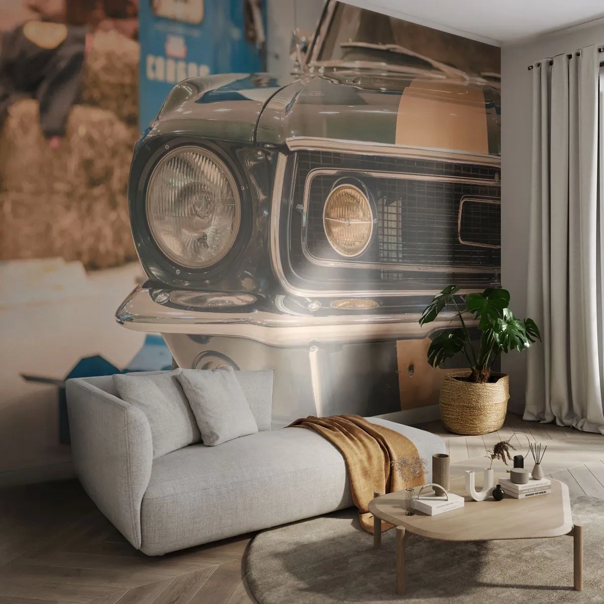 Papier Peint Photo Premium Sand - Gros plan d'une voiture rétro classique dans un garage - 100x70cm - Rencontre avec une légende - Décoration murale moderne pour le salon et la chambre ARTTOR