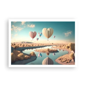 Affiche - Poster - Des ballons en forme de cœur flottant au-dessus du paysage - 100x70cm - L'amour te permet de t'élever - Décoration murale moderne pour le salon et la chambre ARTTOR