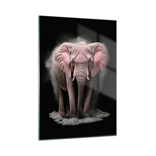 Impression sur verre - Image sur verre - Un éléphant rose sur fond noir entouré d'un nuage de poussière. - 50x70cm - Ne pensez pas à un éléphant rose ! - Décoration murale moderne pour le salon et la chambre ARTTOR
