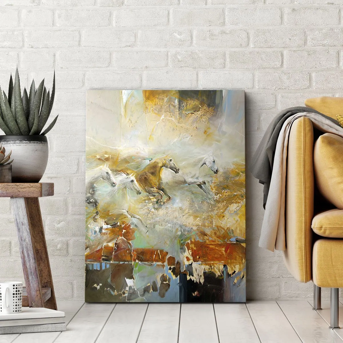 Impression sur toile - Image sur toile - Des chevaux artistiques dans un cadre dynamique et coloré - 80x120cm - Au galop vers la lumière - Décoration murale moderne pour le salon et la chambre ARTTOR