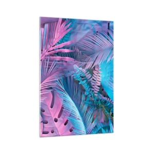 Impression sur verre - Image sur verre - Feuilles tropicales dans les tons de rose et de bleu - 70x100cm - Les tropiques en rose et bleu - Décoration murale moderne pour le salon et la chambre ARTTOR