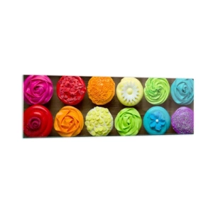 Impression sur verre - Image sur verre - Cupcakes colorés avec des décorations pastel - 160x50cm - Tous différents - tous délicieux - Décoration murale moderne pour le salon et la chambre ARTTOR