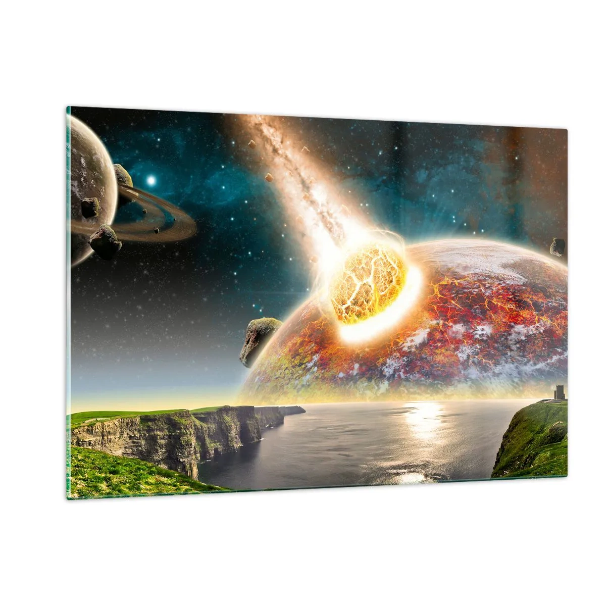 Impression sur verre - Image sur verre - Une météorite entre en collision avec une planète dans l'espace. - 120x80cm - Drame spatial - Décoration murale moderne pour le salon et la chambre ARTTOR