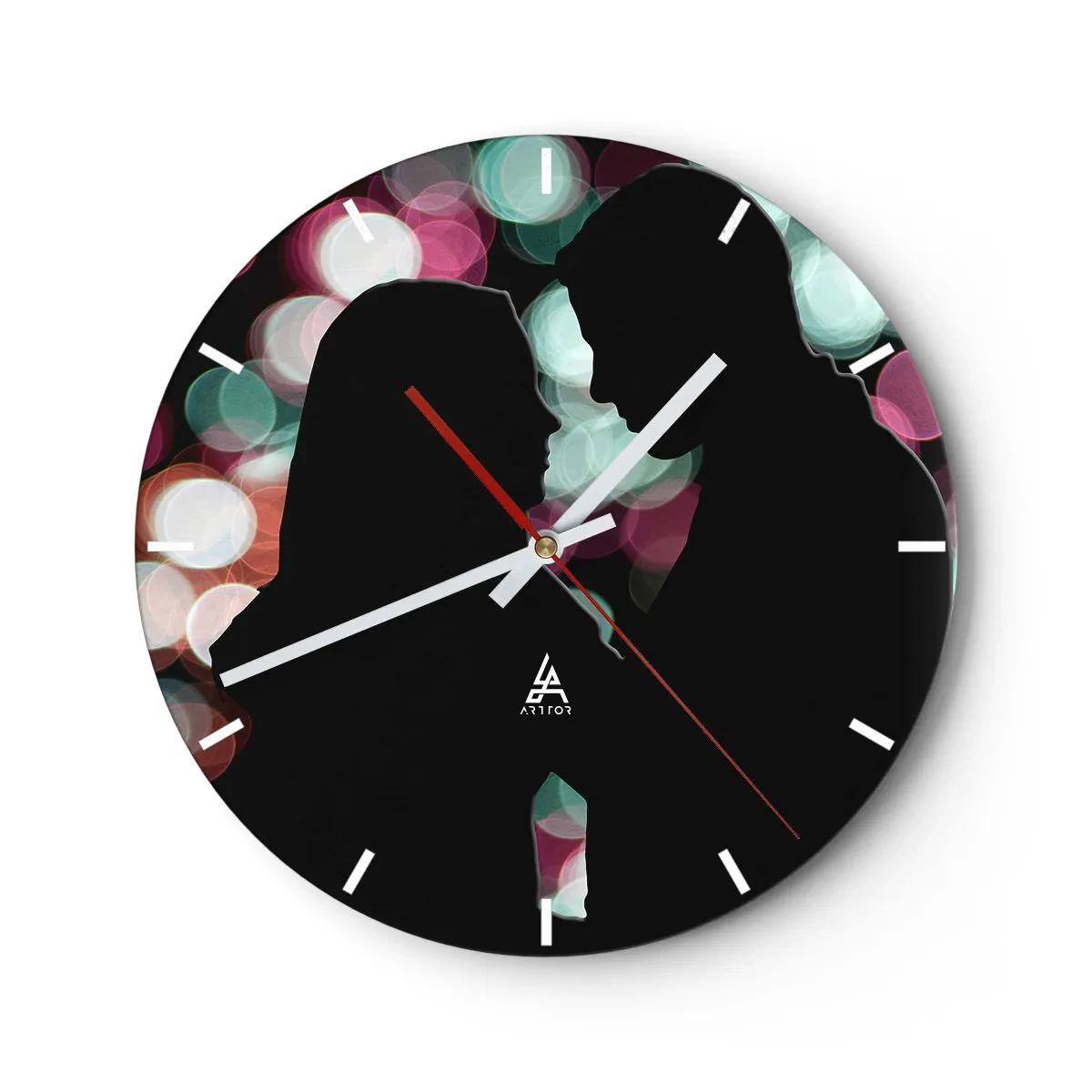 Horloge murale - Pendule murale - Silhouettes d'un couple sur fond de lumières bokeh colorées - 30x30cm - Oui! - Décoration murale moderne pour le salon, la cuisine et la chambre ARTTOR