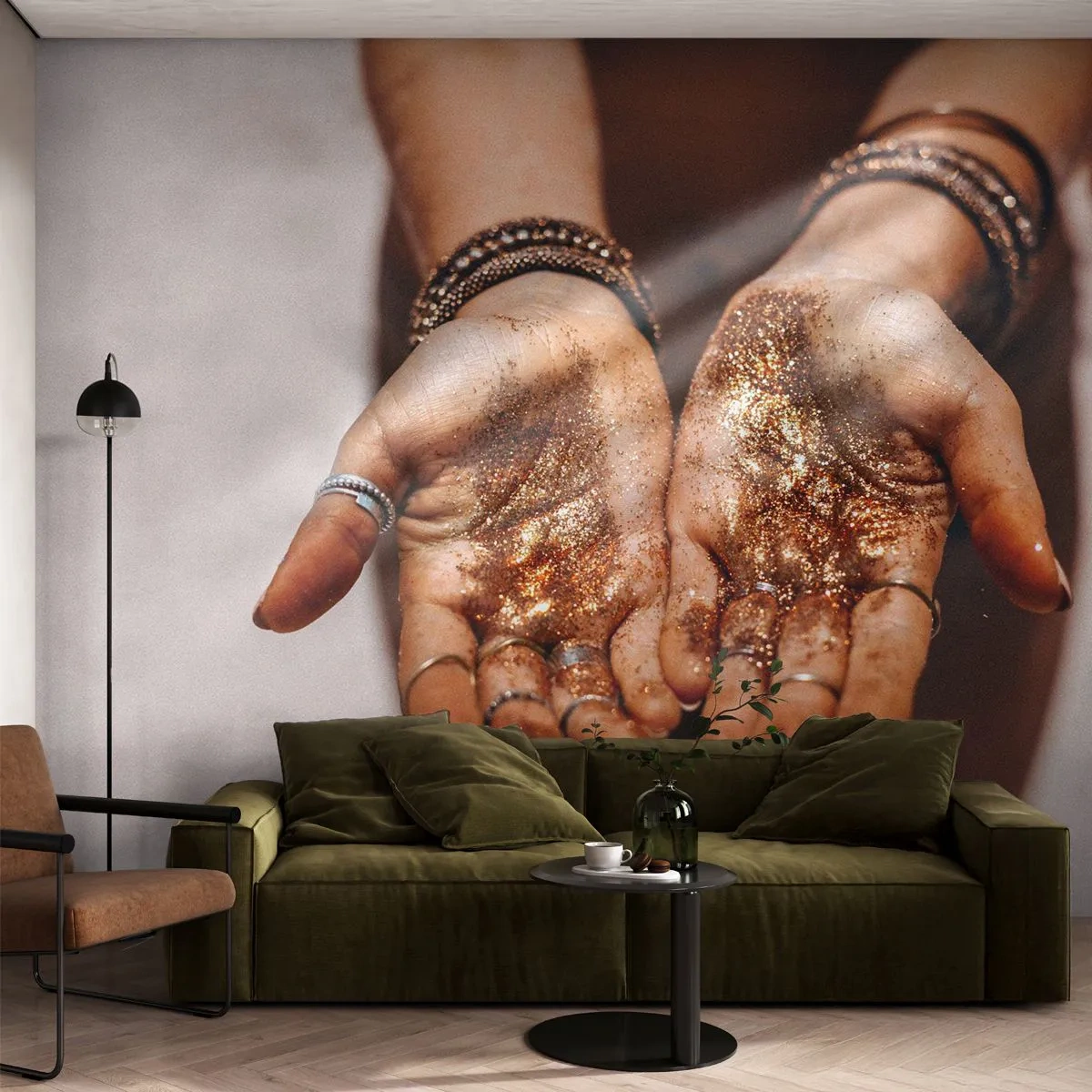 Papier Peint Photo Premium Sand - Mains avec de la poussière d'or éparpillée sur la peau et le sable - 100x70cm - Un don pour vous - Décoration murale moderne pour le salon et la chambre ARTTOR
