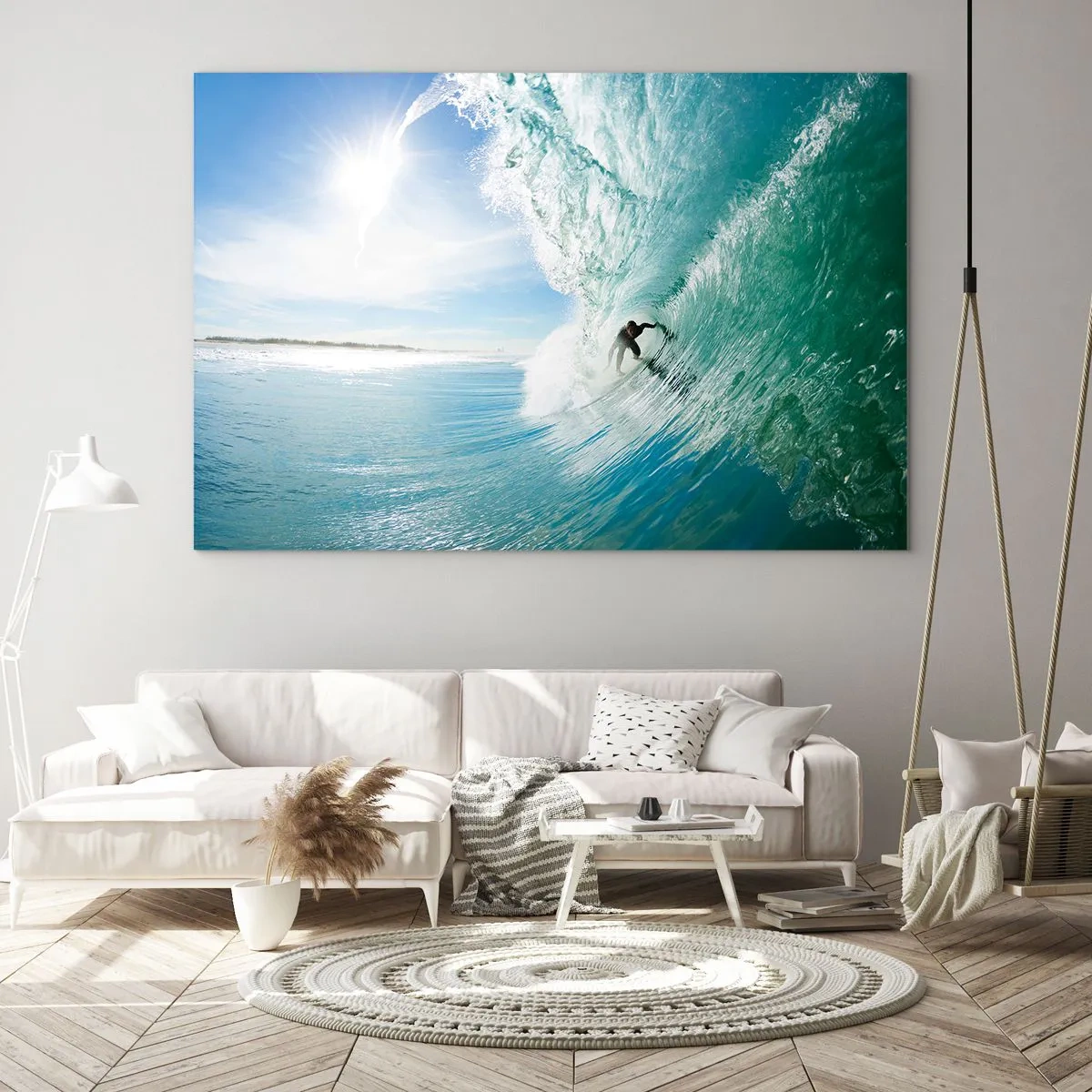 Impression sur verre - Image sur verre - Un surfeur chevauchant une vague contre un ciel bleu - 100x70cm - Toujours sur la vague - Décoration murale moderne pour le salon et la chambre ARTTOR
