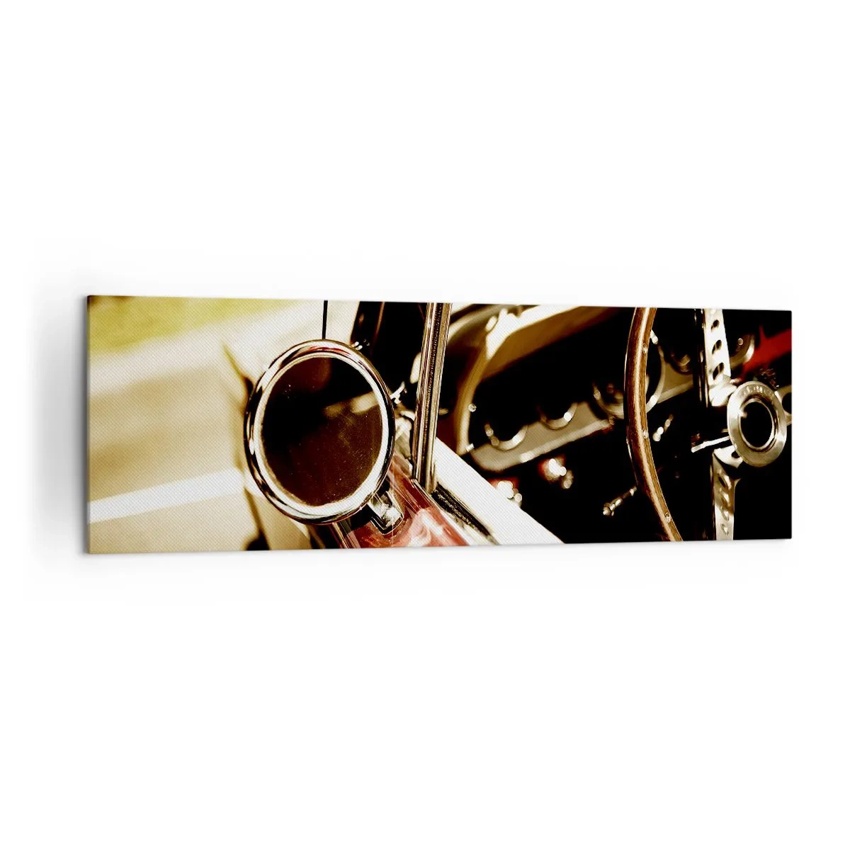 Impression sur toile - Image sur toile - Gros plan du miroir et de l'intérieur d'une voiture rétro classique - 160x50cm - Auto avec une âme - Décoration murale moderne pour le salon et la chambre ARTTOR