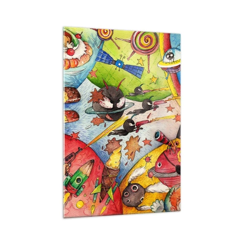 Impression sur verre - Image sur verre - Une scène spatiale colorée pleine d'enfants et de vaisseaux spatiaux - 70x100cm - Grande aventure spatiale - Décoration murale moderne pour le salon et la chambre ARTTOR