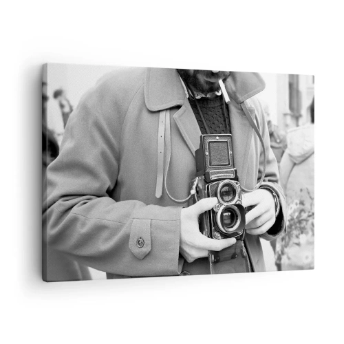 Impression sur toile - Image sur toile - Photo en noir et blanc d'un homme avec un appareil photo rétro - 70x50cm - Dans un style rétro - Décoration murale moderne pour le salon et la chambre ARTTOR