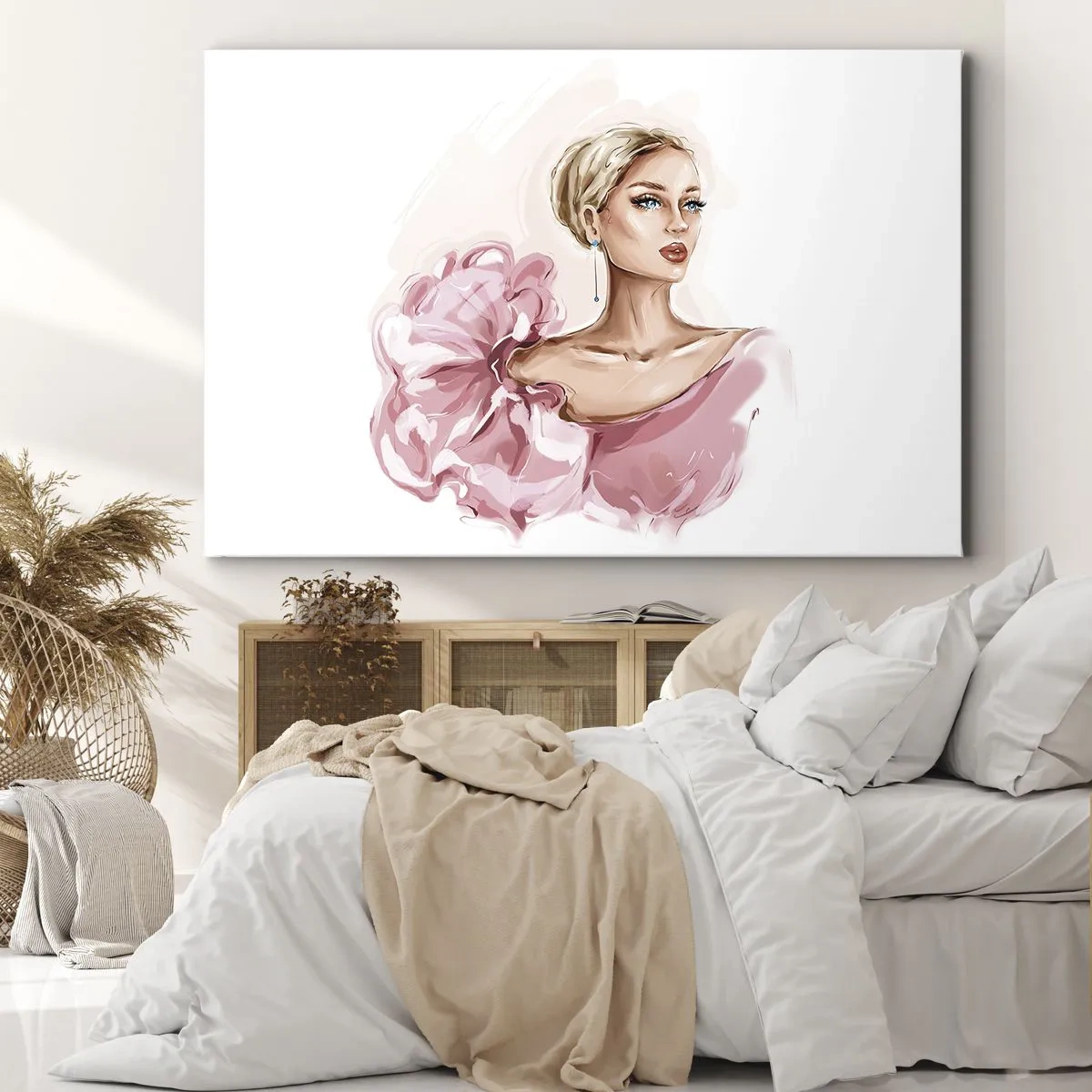 Impression sur toile - Image sur toile - Portrait d'une femme en robe rose sur fond clair - 100x70cm - Comme peinte... - Décoration murale moderne pour le salon et la chambre ARTTOR