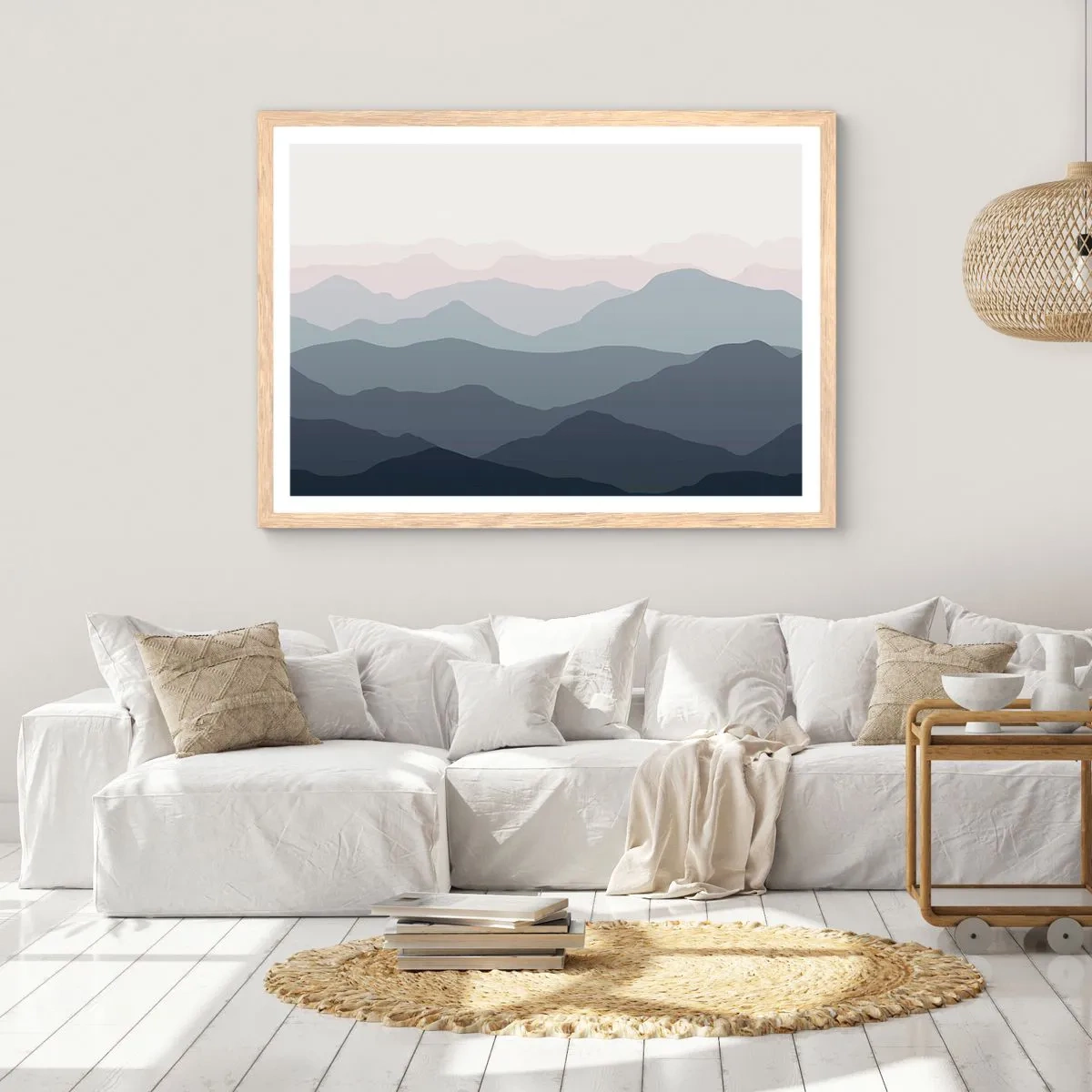 Affiche dans un chêne clair - Poster - Vagues de montagnes - 100x70 cm