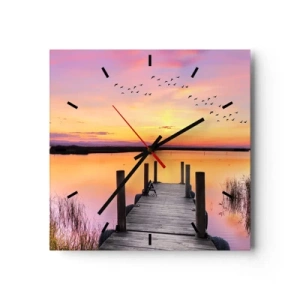 Horloge murale - Pendule murale - Une jetée sur un lac au coucher du soleil avec des oiseaux dans le ciel - 30x30cm - Aube silencieuse violette - Décoration murale moderne pour le salon et la chambre ARTTOR