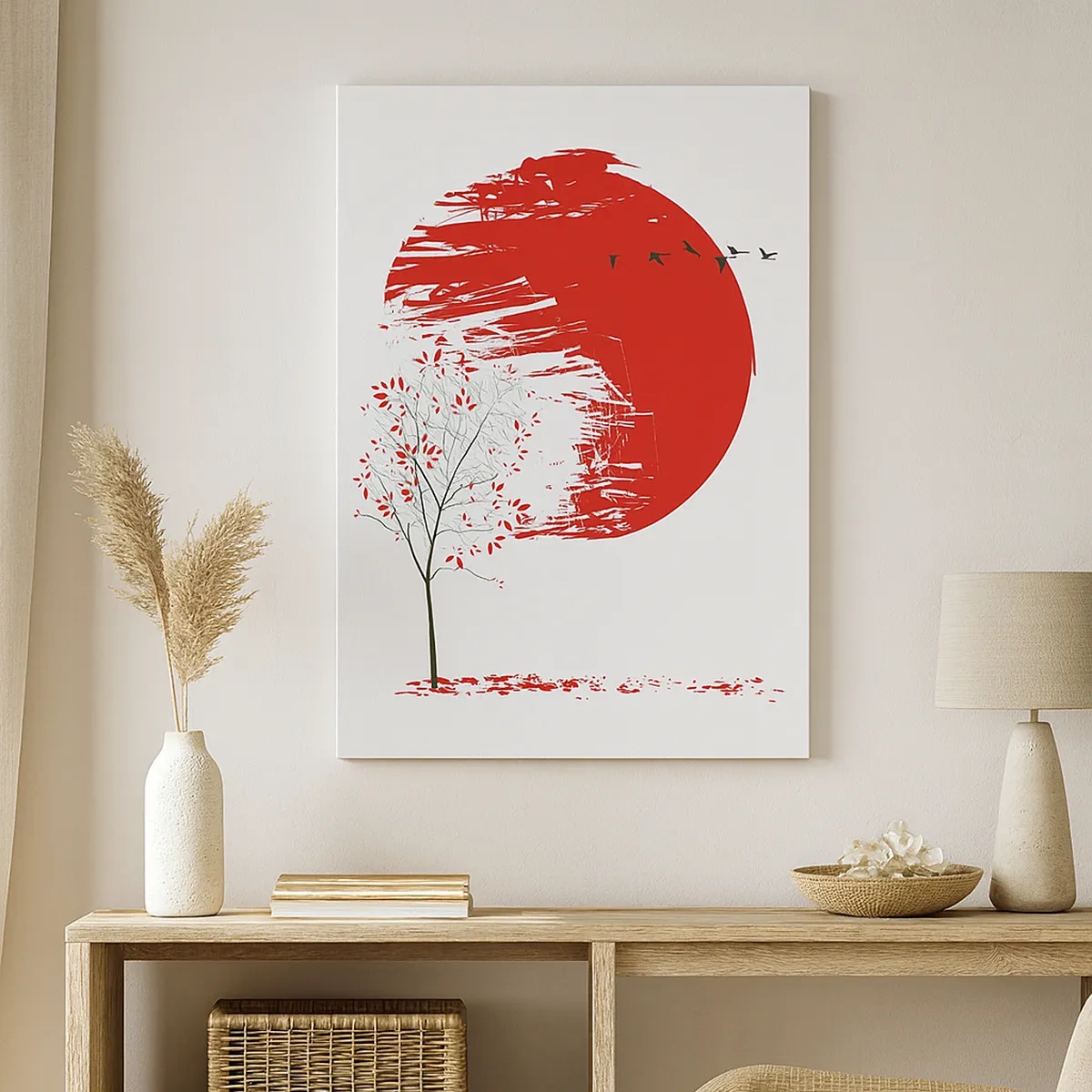 Impression sur toile - Image sur toile - Cercle rouge et arbre de style japonais - 50x70cm - Connaissez-vous ce pays ? - Décoration murale moderne pour le salon et la chambre ARTTOR