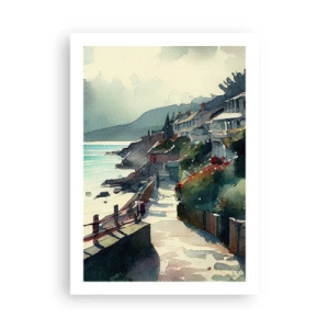 Affiche - Poster - Un sentier pittoresque en bord de mer dans un style aquarelle - 50x70cm - Ville méditerranéenne - Décoration murale moderne pour le salon et la chambre ARTTOR