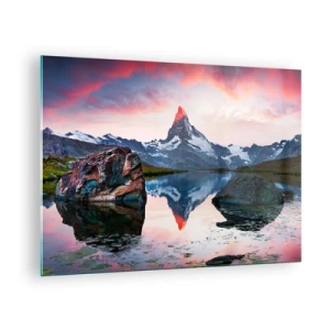 Impression sur verre - Image sur verre - Un sommet de montagne se reflétant dans la surface calme d'un lac au coucher du soleil - 70x50cm - Le coeur des montagnes est chaud - Décoration murale moderne pour le salon et la chambre ARTTOR