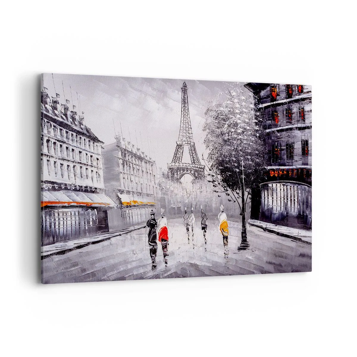 Impression sur toile - Image sur toile - Une vue de la Tour Eiffel dans un décor monochrome avec des touches de couleur - 120x80cm - Balade parisienne - Décoration murale moderne pour le salon et la chambre ARTTOR