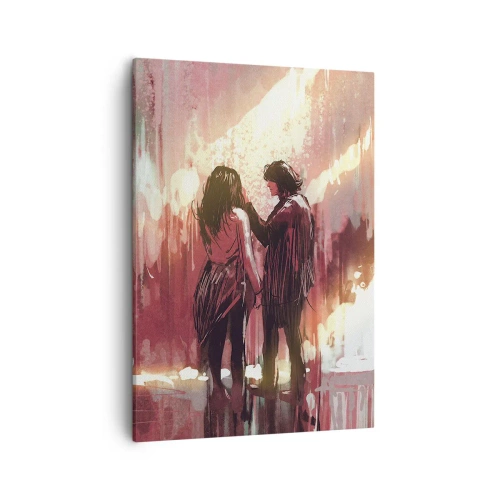 Impression sur toile - Image sur toile - Un couple debout dans une lumière chaude sur fond de motifs abstraits - 50x70cm - L'éternel spectacle de l'amour - Décoration murale moderne pour le salon et la chambre ARTTOR