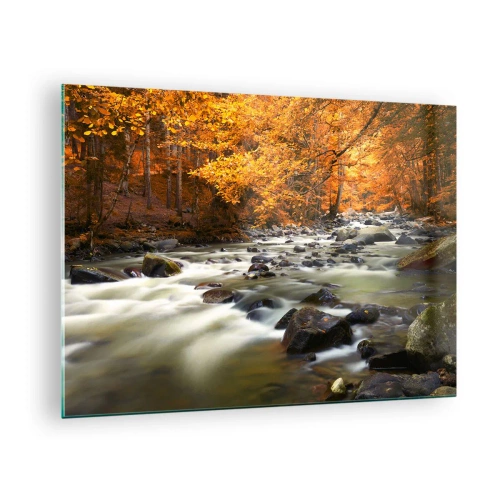 Impression sur verre - Image sur verre - Forêt d'automne avec un ruisseau et des pierres - 70x50cm - Un ruisseau dans une forêt dorée - Décoration murale moderne pour le salon et la chambre ARTTOR