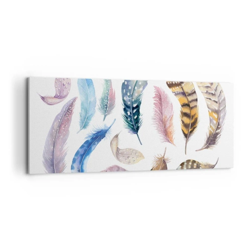 Impression sur toile - Image sur toile - Plumes colorées dans un style aquarelle délicat - 120x50cm - Léger, bariolé et multicolore - Décoration murale moderne pour le salon et la chambre ARTTOR