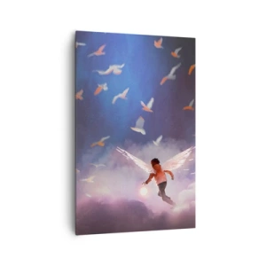 Impression sur toile - Image sur toile - Une figure avec des ailes d'ange flottant parmi les oiseaux dans le ciel - 80x120cm - Il faut de l'imagination et du courage - Décoration murale moderne pour le salon et la chambre ARTTOR