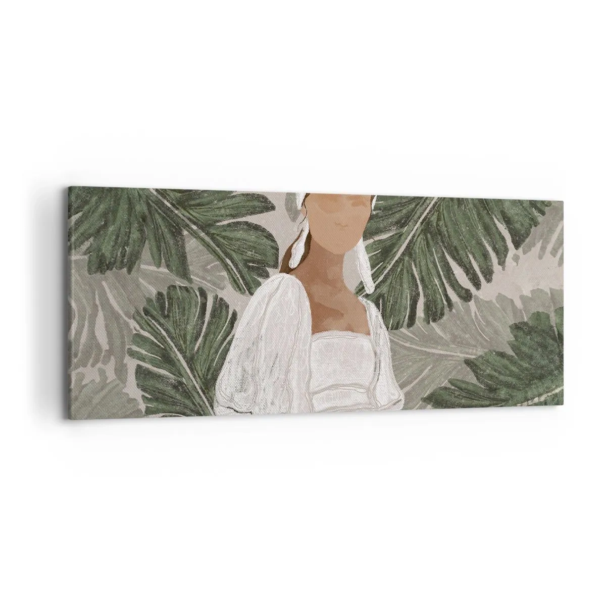 Impression sur toile - Image sur toile - Portrait d'une femme en robe blanche sur fond de feuilles de monstera - 120x50cm - Portrait exotique - Décoration murale moderne pour le salon et la chambre ARTTOR