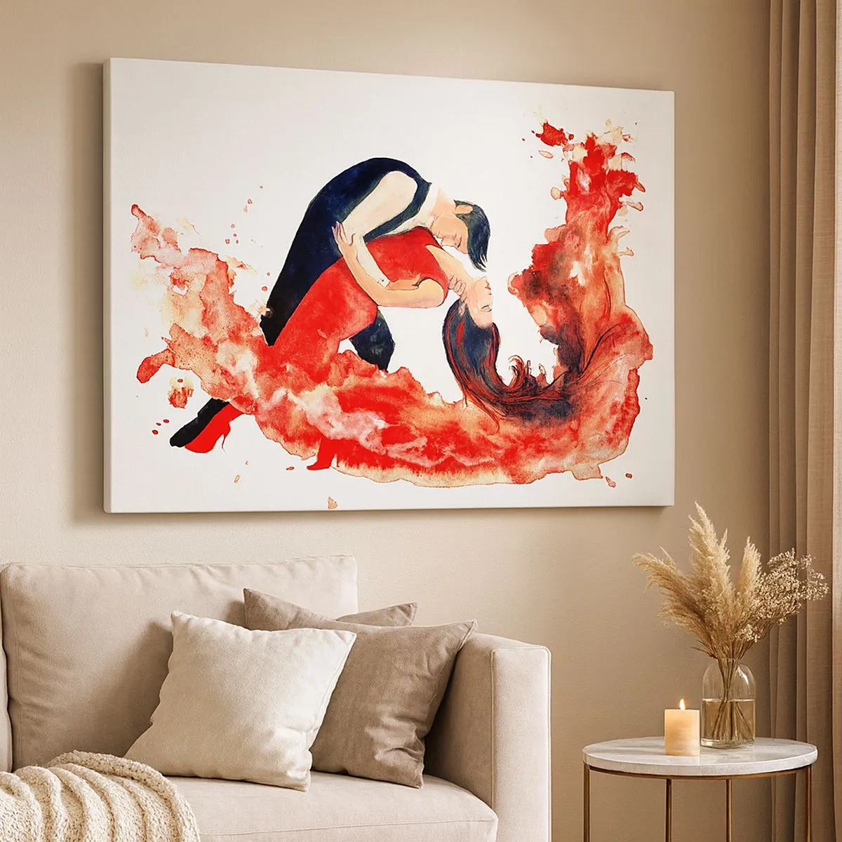 Impression sur toile - Image sur toile - Une aquarelle dynamique d'un couple dansant aux couleurs rouges. - 70x50cm - Tango - une vague sensuelle - Décoration murale moderne pour le salon et la chambre ARTTOR