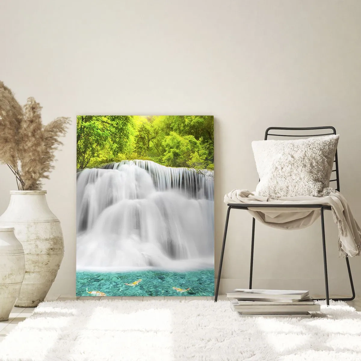 Impression sur verre - Image sur verre - Une cascade dans une forêt tropicale avec de l'eau turquoise - 80x120cm - Une cascade mousseuse du vert à l'azur - Décoration murale moderne pour le salon et la chambre ARTTOR