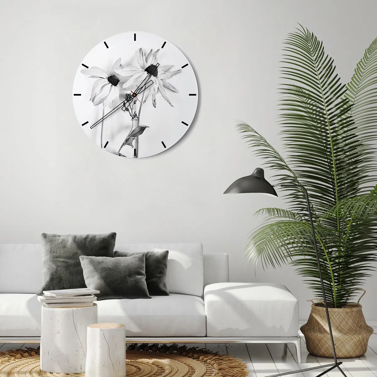Horloge murale - Pendule murale - Trois fleurs noires et blanches aux pétales légèrement tombants - 30x30cm - Personne ne souhaite être seul - Décoration murale moderne pour le salon, la cuisine et la chambre ARTTOR