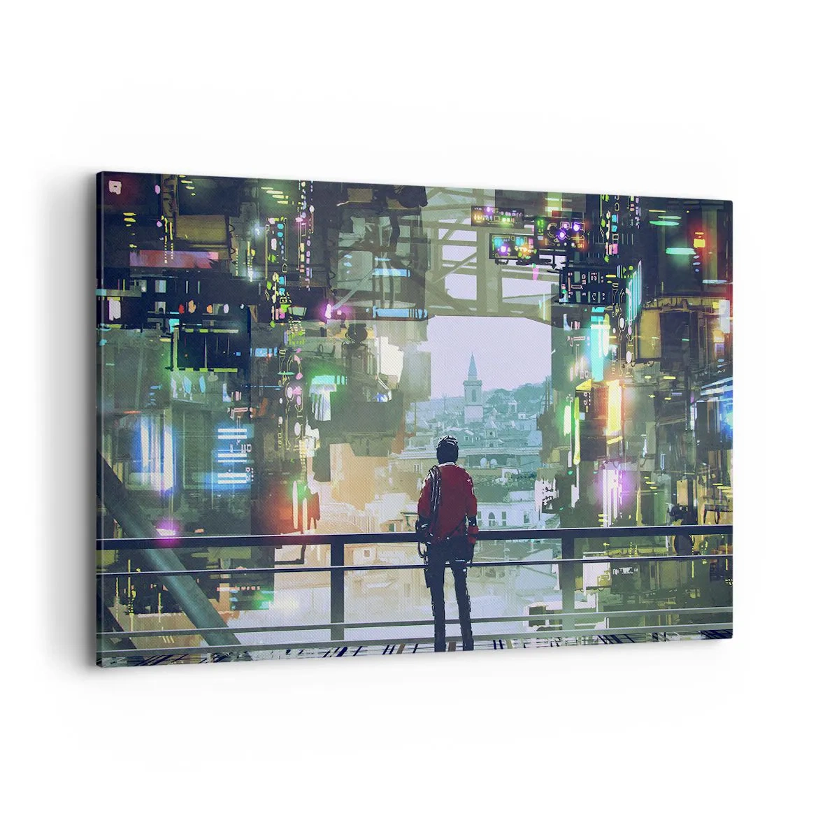 Impression sur toile - Image sur toile - Une silhouette dans une ville futuriste avec des néons - 120x80cm - Deux mondes - Décoration murale moderne pour le salon et la chambre ARTTOR