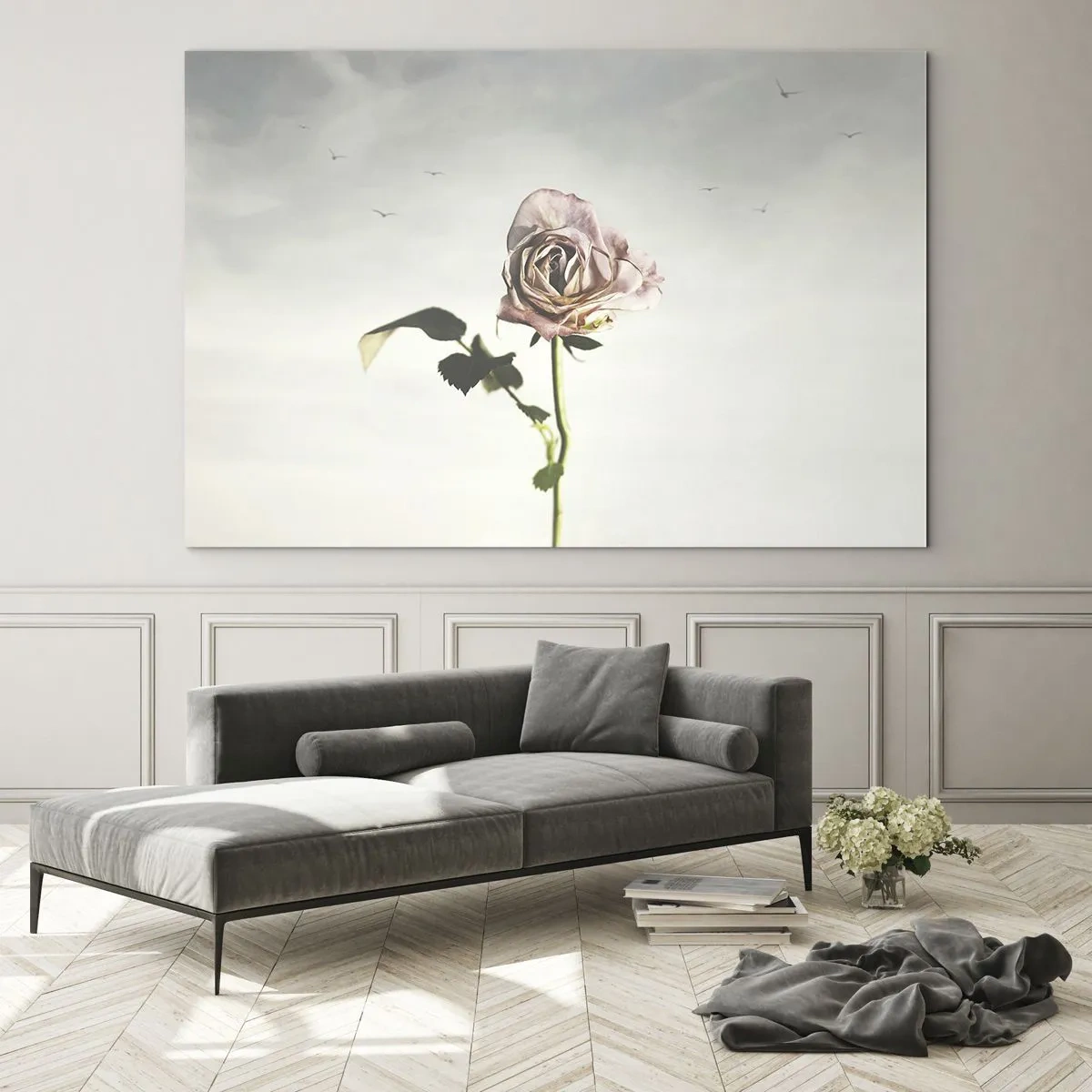 Impression sur verre - Image sur verre - Une rose délicate contre le ciel avec des oiseaux en vol - 70x50cm - Bonjour de printemps - Décoration murale moderne pour le salon et la chambre ARTTOR