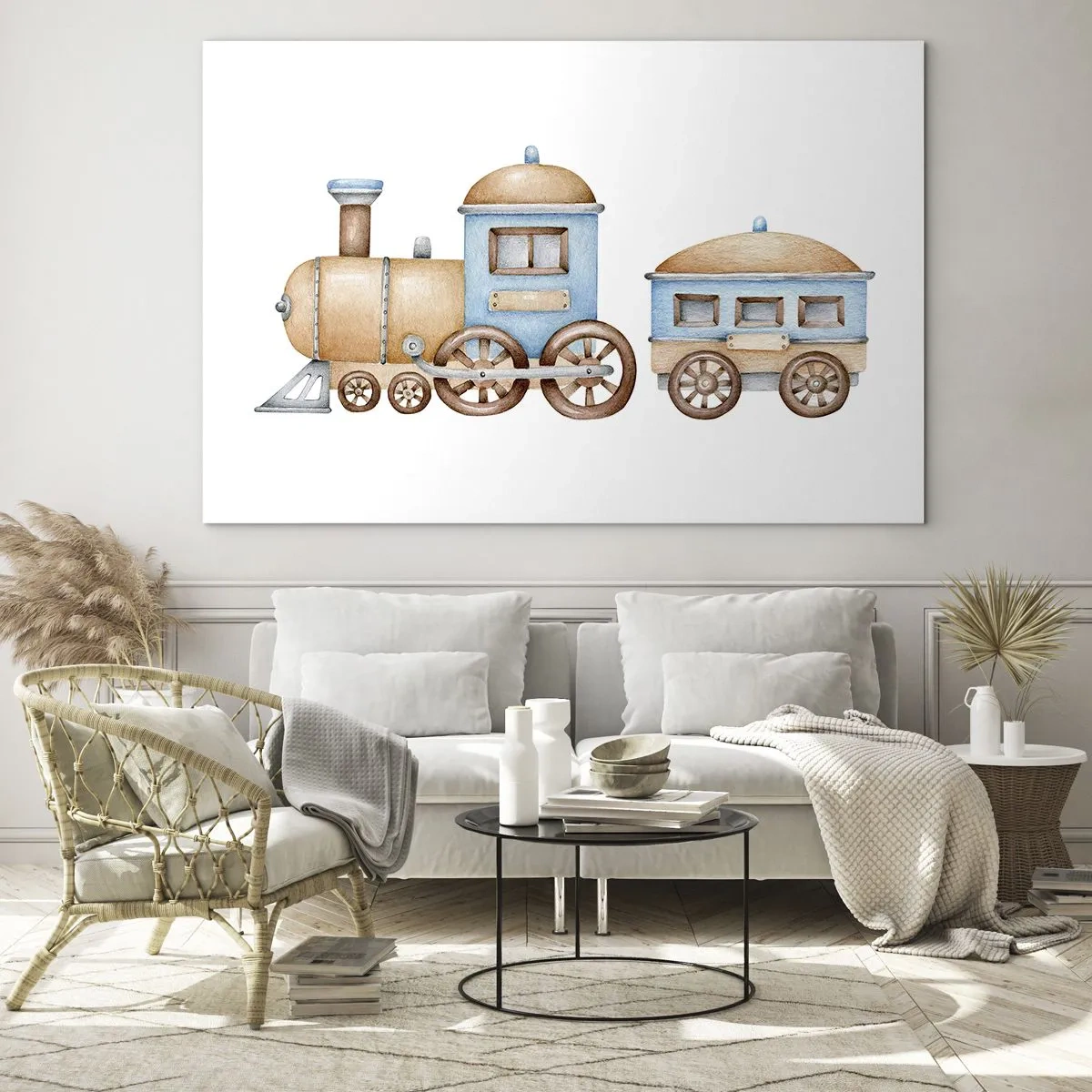 Impression sur verre - Image sur verre - Illustration d'un train à vapeur dans les tons bleu et beige sur fond blanc - 100x70cm - Il est à la gare... - Décoration murale moderne pour le salon et la chambre ARTTOR