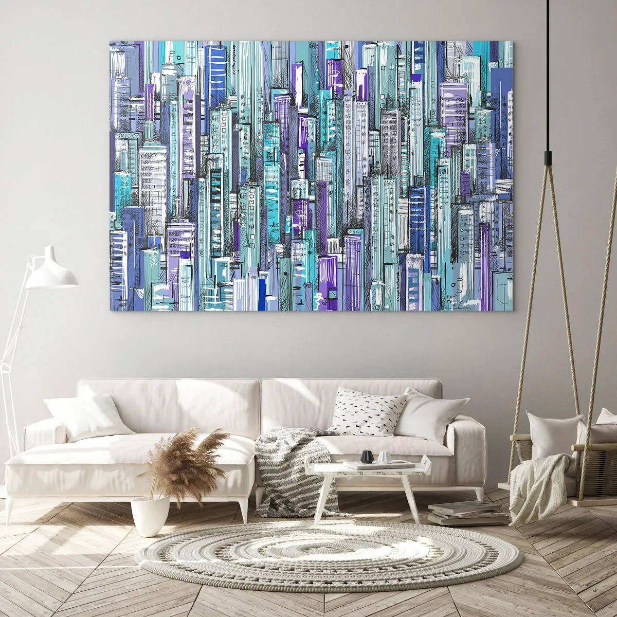 Impression sur verre - Image sur verre - Illustration d'une ville pleine de gratte-ciels aux teintes froides - 120x80cm - Bleuâtre avec le ciel - Décoration murale moderne pour le salon et la chambre ARTTOR