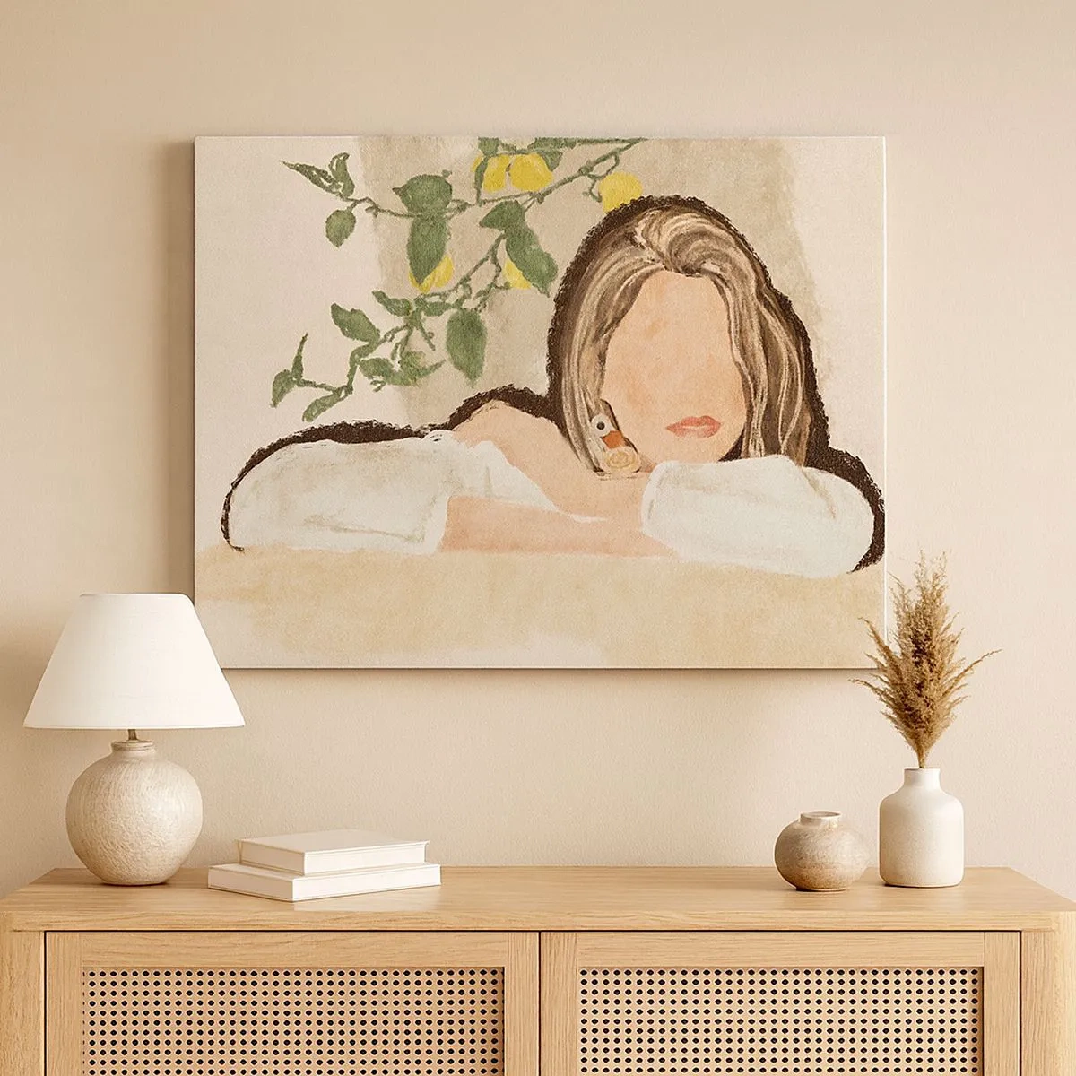 Impression sur toile - Image sur toile - La figure d'une femme sur fond de citronnier - 70x50cm - La beauté du sud - Décoration murale moderne pour le salon et la chambre ARTTOR