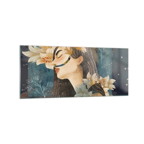 Impression sur verre - Image sur verre - Portrait d'une femme avec des fleurs dans un style artistique sur fond sombre - 120x50cm - Conte de fée sur la princesse lilas - Décoration murale moderne pour le salon et la chambre ARTTOR