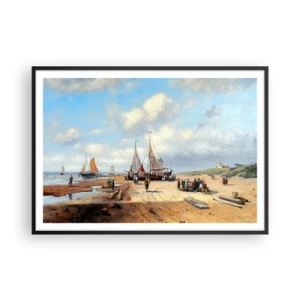 Affiche dans un cadre noir - Poster - Bateaux de pêche sur la plage avec des figures humaines - 100x70cm - Après une capture réussie - Décoration murale moderne pour le salon et la chambre ARTTOR