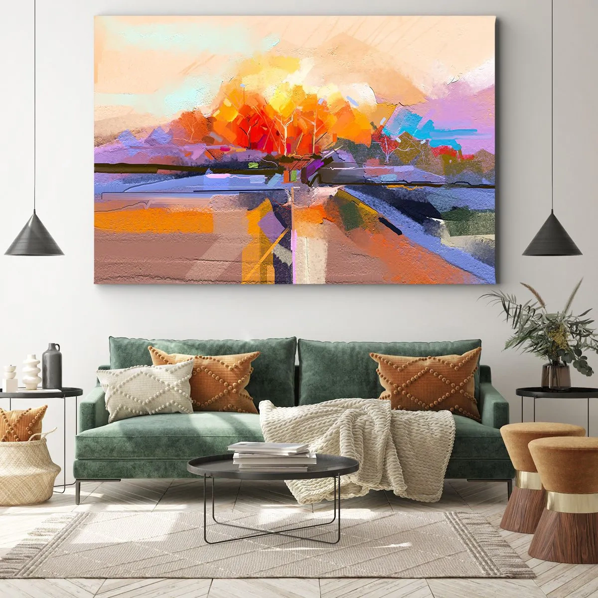 Impression sur toile - Image sur toile - Un paysage abstrait aux couleurs d'automne intenses. - 120x80cm - L'automne est arrivé - Décoration murale moderne pour le salon et la chambre ARTTOR