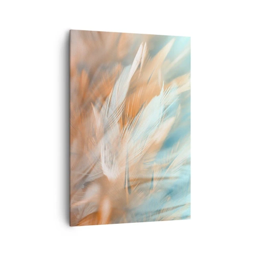 Impression sur toile - Image sur toile - Plumes délicates dans des tons pastel de bleu et d'orange - 70x100cm - Au pays de la douceur - Décoration murale moderne pour le salon et la chambre ARTTOR