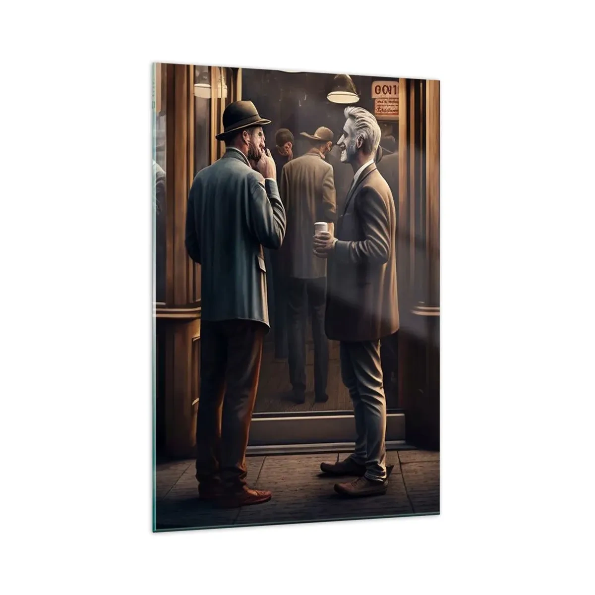 Impression sur verre - Image sur verre - Scène de rue avec des gens devant un café rétro - 70x100cm - Bon moment de la journée - Décoration murale moderne pour le salon et la chambre ARTTOR