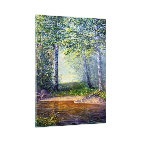 Impression sur verre - Image sur verre - Un ruisseau forestier entouré d'arbres sous les rayons du soleil - 50x70cm - Paysage idyllique - Décoration murale moderne pour le salon et la chambre ARTTOR