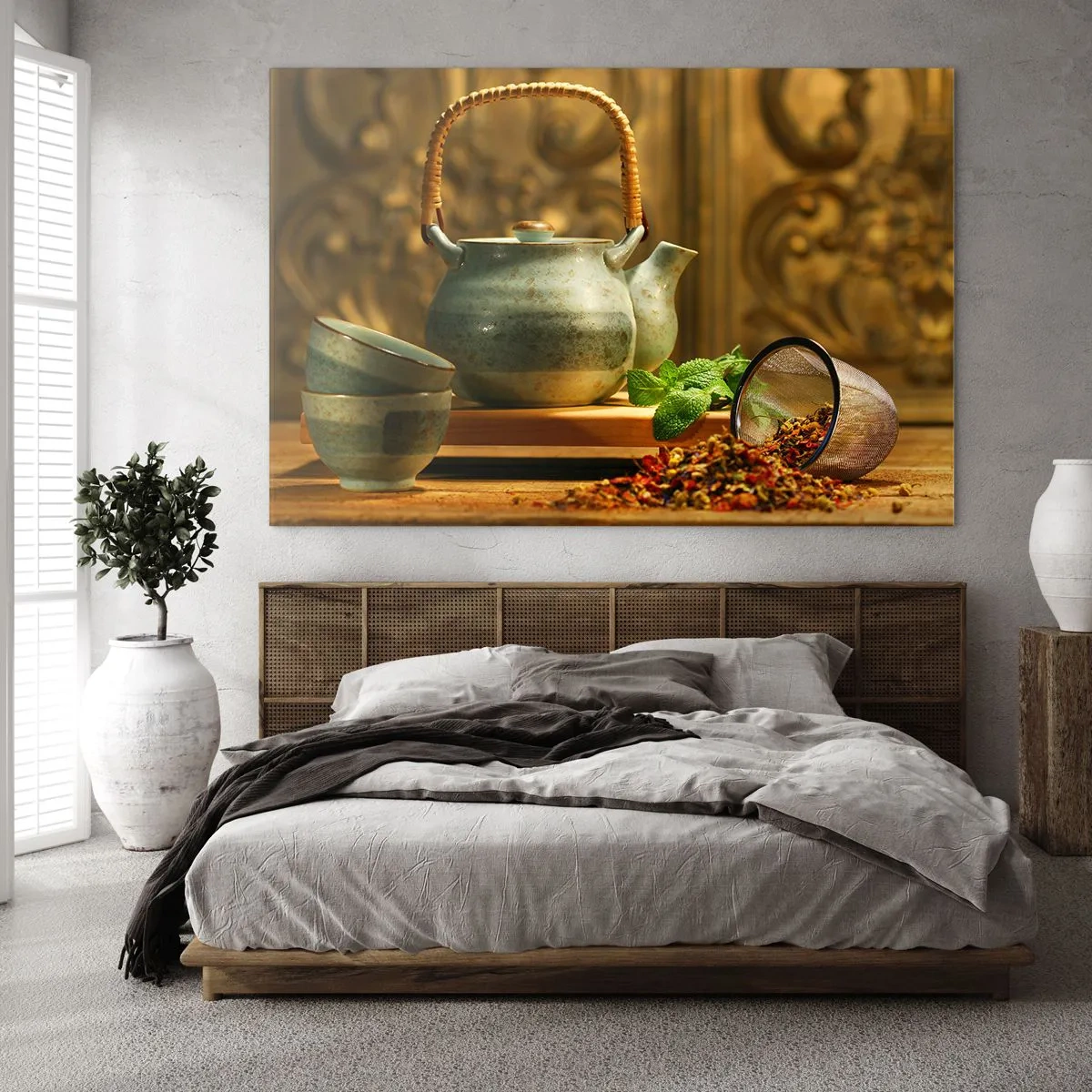 Impression sur verre - Image sur verre - Service à thé en céramique avec des herbes dans une décoration classique - 70x50cm - Un traité sur la consommation de thé - Décoration murale moderne pour le salon et la chambre ARTTOR