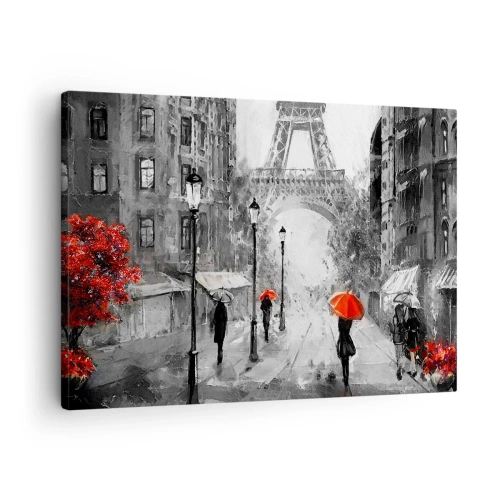 Impression sur toile - Image sur toile - Une rue avec vue sur la Tour Eiffel et des parapluies rouges - 70x50cm - Tous les chemins mènent à elle - Décoration murale moderne pour le salon et la chambre ARTTOR