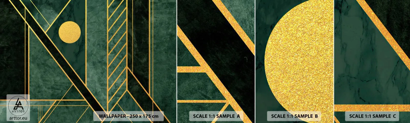 Échantillon De Papier Peint Standard Eco - Dynamique or et azur - Abstraction, Morceau, Motif géométrique - 100x30 cm