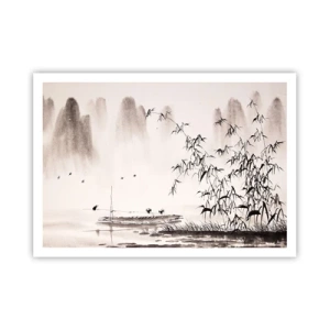 Affiche - Poster - Un paysage minimaliste de style oriental - 100x70cm - Le silence des rizières - Décoration murale moderne pour le salon et la chambre ARTTOR