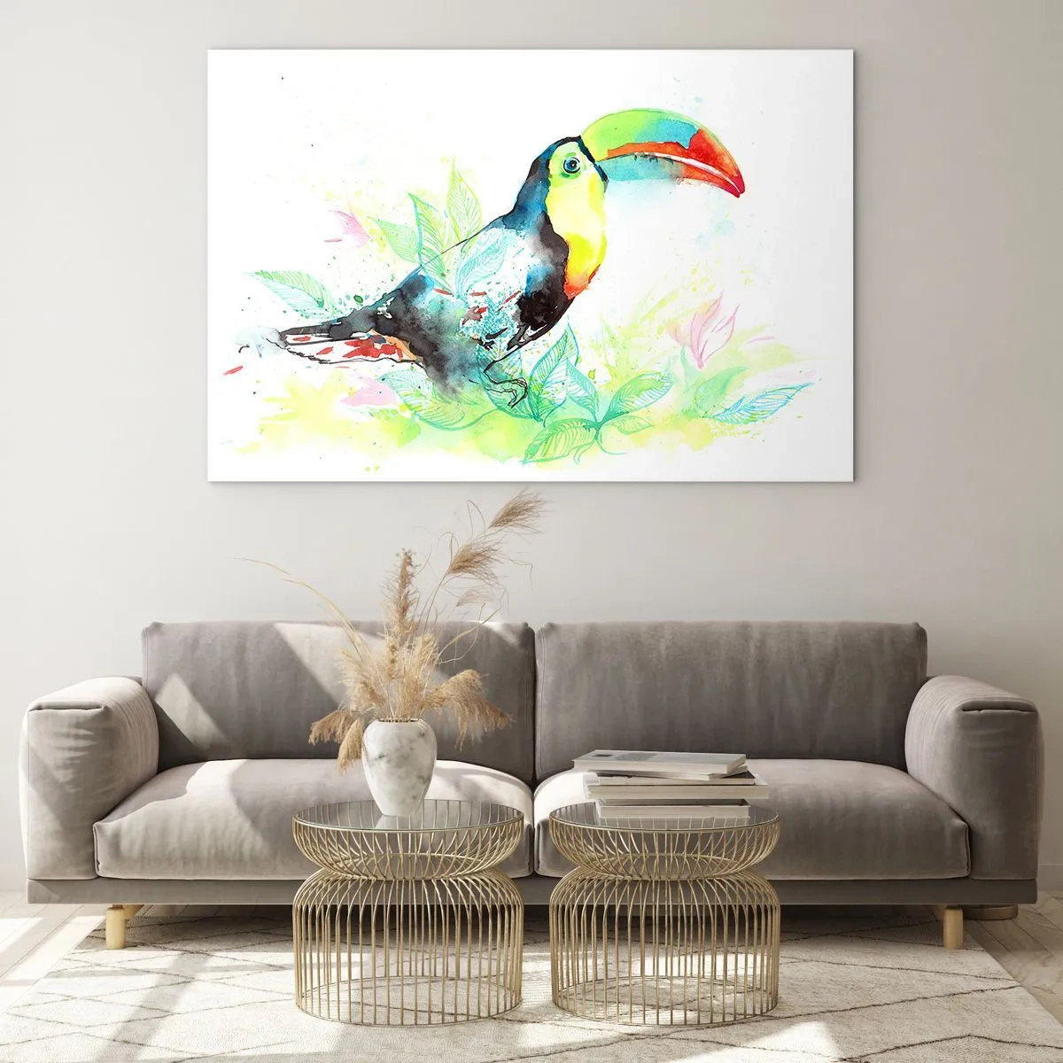 Impression sur verre - Image sur verre - Un toucan coloré dans un paysage aquarelle avec des feuilles - 120x80cm - Aussi coloré que l'Amérique du Sud - Décoration murale moderne pour le salon et la chambre ARTTOR